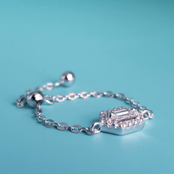 NEW Silver Adjustable Chain Baguette Pave Halo Diamond Ring - Picture 5 of 7